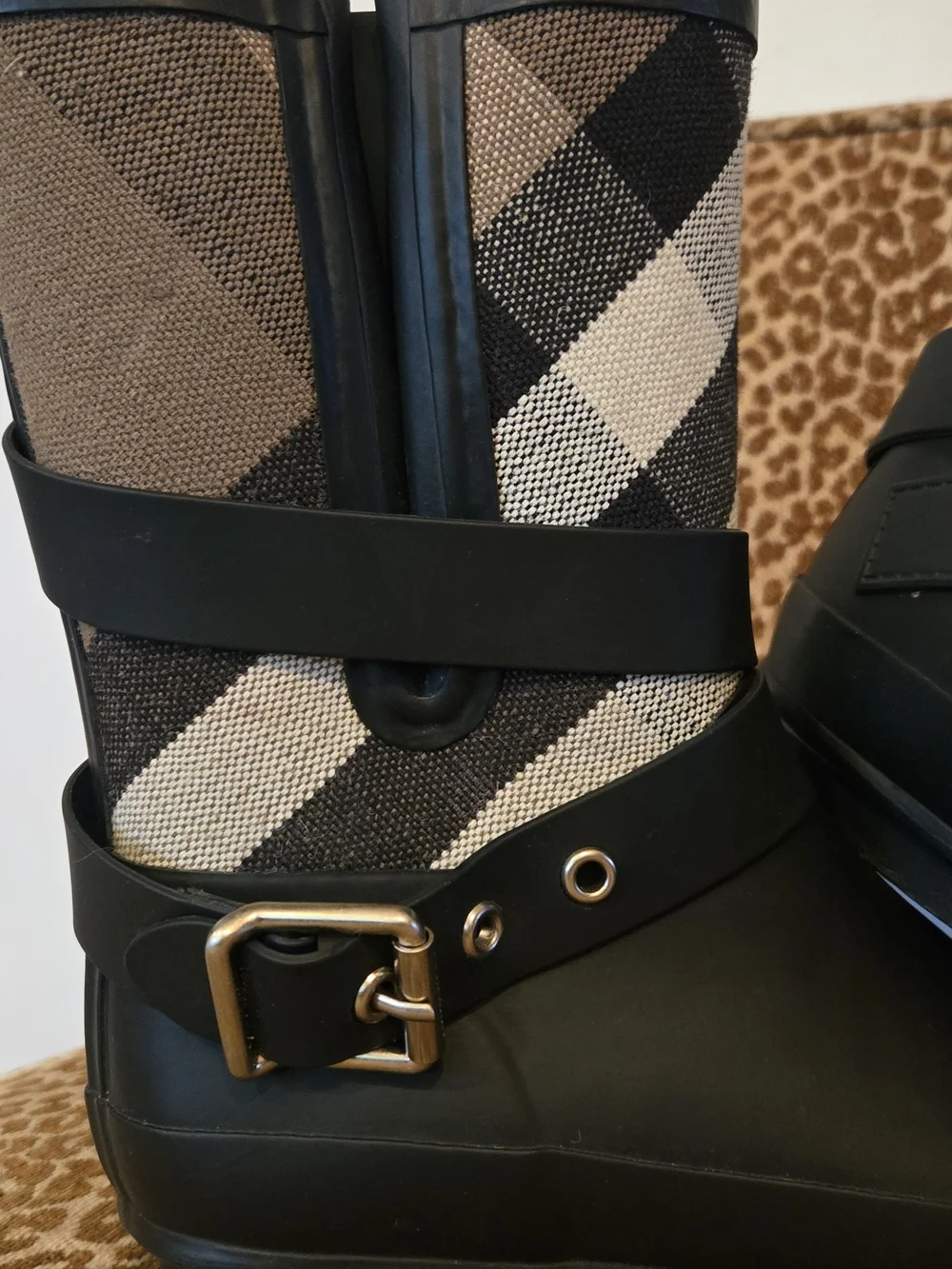 Burberry Hollow Nova Check Black and Beige Plaid Mid-Calf Rain Boots with Buckle